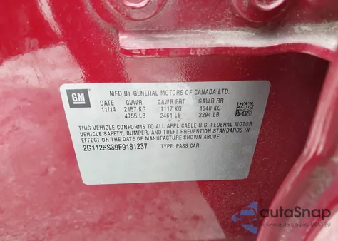 2015 Chevrolet Impala 2Lt from USA, damaged, VIN 2G1125S39F9181237